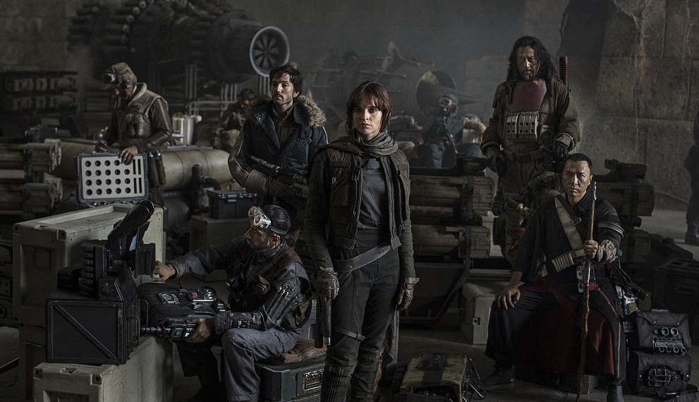 Star Wars: Rogue One..L to R: Actors Riz Ahmed, Diego Luna, Felicity Jones, Jiang Wen and Donnie Yen..Photo Credit: Jonathan Olley..?© 2016 Lucasfilm Ltd. All Rights Reserved.